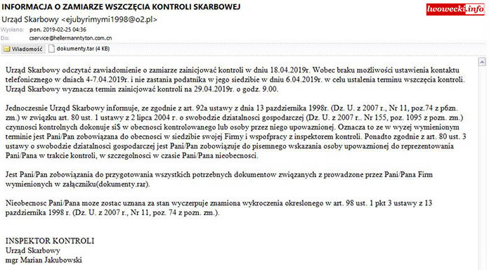 Uwaga na maile informujące o wszczęciu kontroli skarbowej