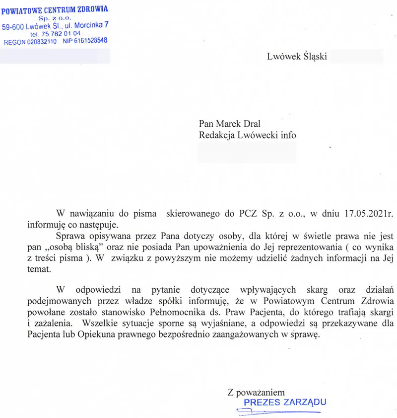 Odpowiedz PCZ w Lwowku Slaskim w sprawie skargi na lekarza