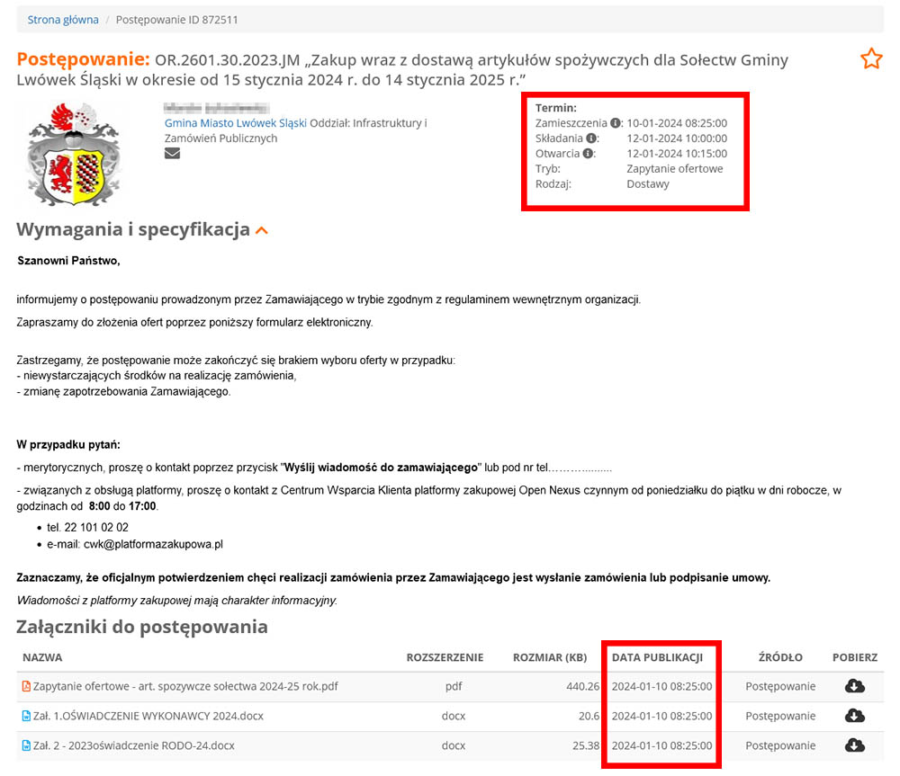Screenshot Postępowanie Zakup wraz z dostawą artykułów spożywczych dla Sołectw Gminy Lwówek Śląski w okresie od 15 stycznia 2024 r