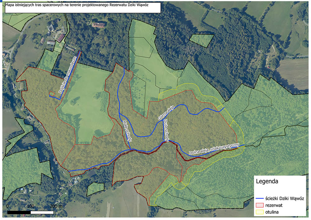 mapa rezerwatu z otuliną i ścieżkami Dziki Wąwóz Lubomierz