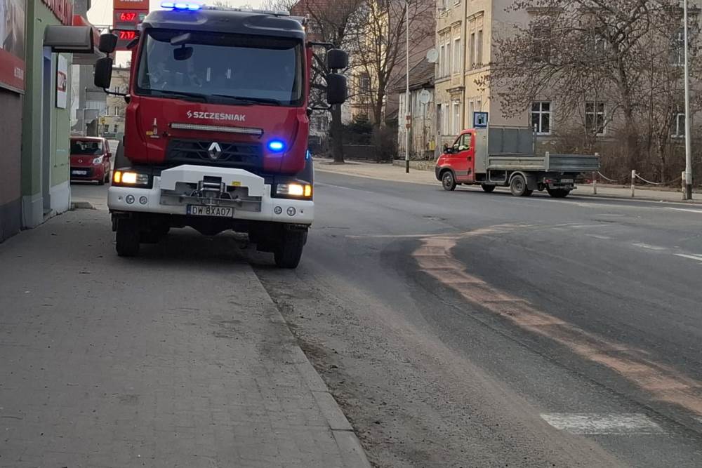 Strażacy dysponowani do plamy substancji ropopochodnej 1 straz pozarna Lwowek 1