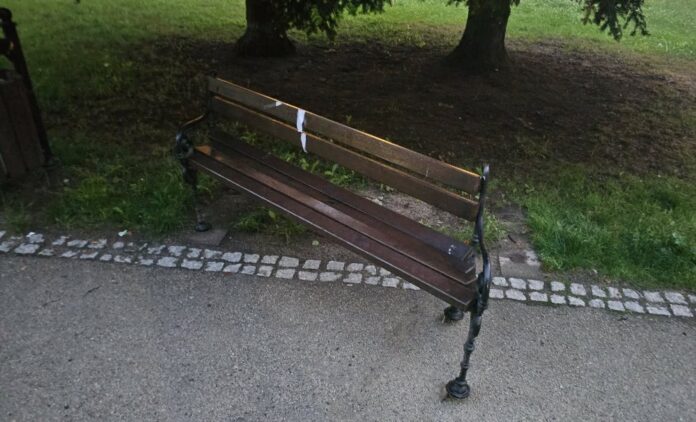 park ławka wyrwana 1 park miejski w Lwówku Śląskim ławki