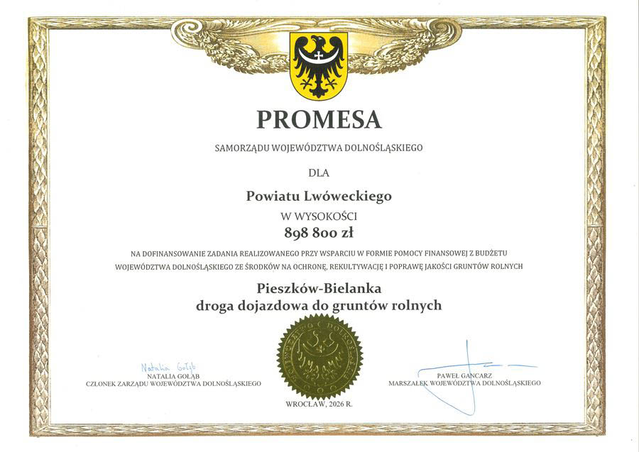 Prawie 900 tysięcy złotych na drogę Pieszków–Bielanka 1 promesa 2