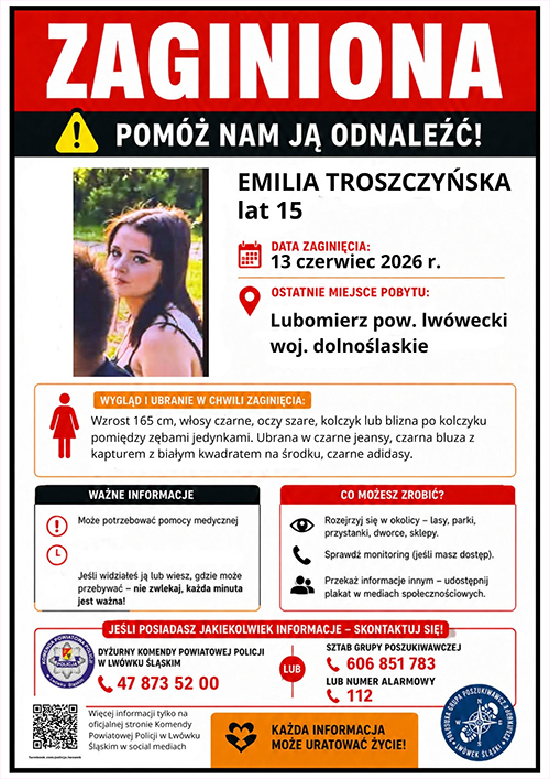 Zaginęła 15- latka. Policja zwraca się z prośbą o pomoc 1 zaginiona 15 latka
