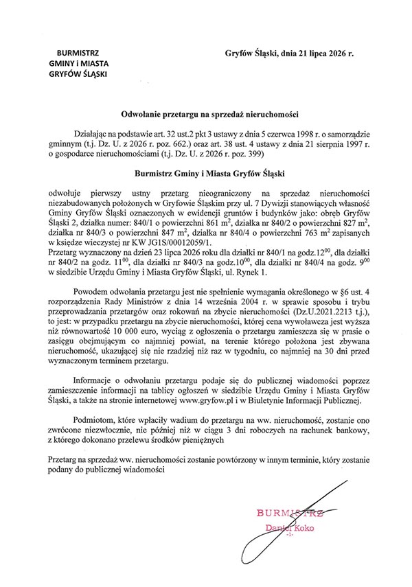 Odwołanie przetargu na sprzedaż działek w Gryfowie Śląskim