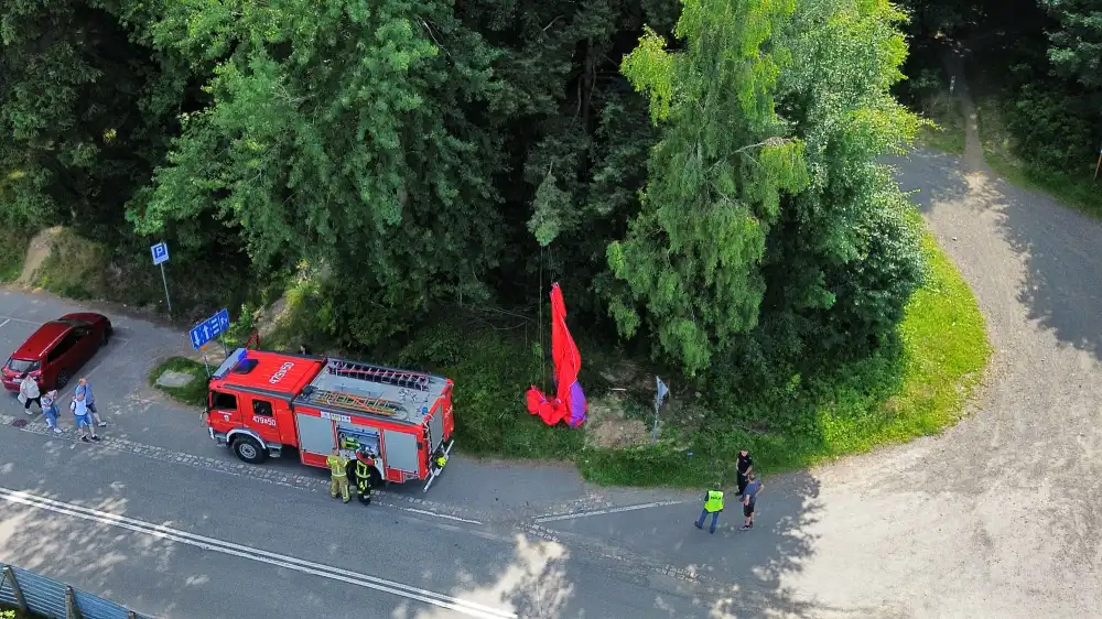 Wypadek paralotniarza. Poszkodowany przeżył. Trafił do szpitala 6 wypadek paralotniarz spadl Swieradow 6